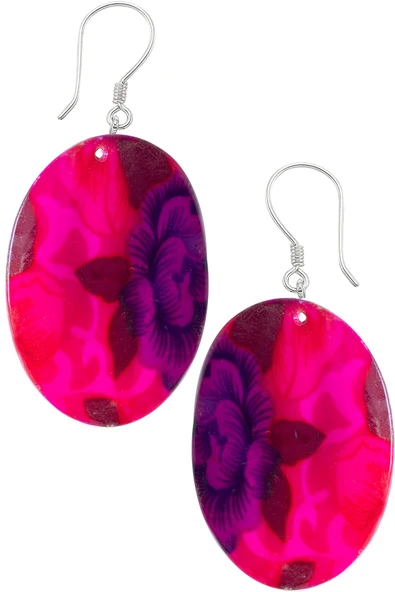 Sertifikalı Çiçek İşlemeli Pembe-Mor Renkli Sedef Taşı Küpe ürün görseli