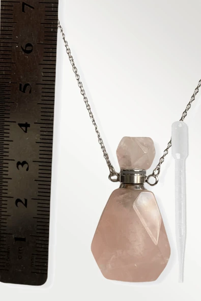 Sertifikalı Parfüm Şişe Tasarımlı Pembe Kuvars Taşı Kolye - Gümüş Aparat - 2