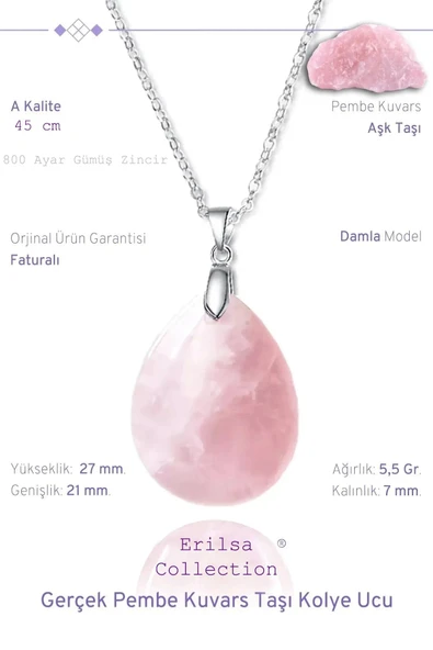 Sertifikalı Damla Model Gerçek Pembe Kuvars Taşı Kolye (Gümüş Aparat)
