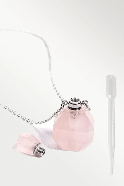Sertifikalı Parfüm Şişe Tasarımlı Pembe Kuvars Taşı Kolye - Gümüş Aparat - 4
