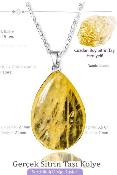 Sertifikalı Damla Model Gerçek Sitrin Taşı Kolye - Gümüş Aparatlı ürün görseli
