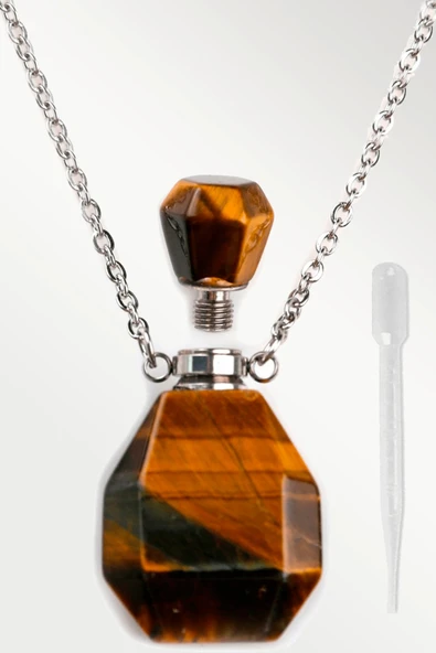 Sertifikalı Parfüm Şişe Tasarımlı Kaplan Gözü Taşı Kolye - Gümüş Aparat - 2