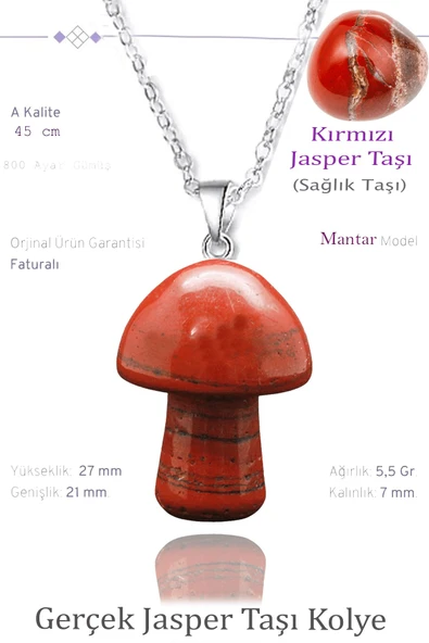 Sertifikalı Mantar Model Kırmızı Jasper Taşı Kolye - Gümüş Aparatlı