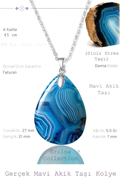 Sertifikalı Damla Model Gerçek Mavi Akik Taşı Kolye - Gümüş Aparatlı ürün görseli