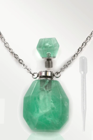 Sertifikalı Parfüm Şişe Tasarımlı Yeşil Florit Taşı Kolye - Gümüş Aparat - 2