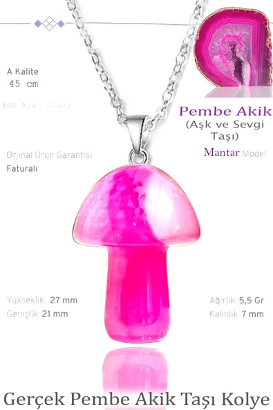 Sertifikalı Mantar Model Pembe Akik Taşı Kolye - Gümüş Aparatlı ürün görseli