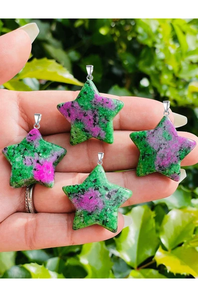 Sertifikalı Gerçek Yıldız Model Ruby Yakutlu Zoisite Taşı Kolye (Anyolit Taşı) - 2