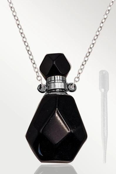 Sertifikalı Parfüm Şişe Tasarımlı Obsidyen Taşı Kolye - Gümüş Aparat