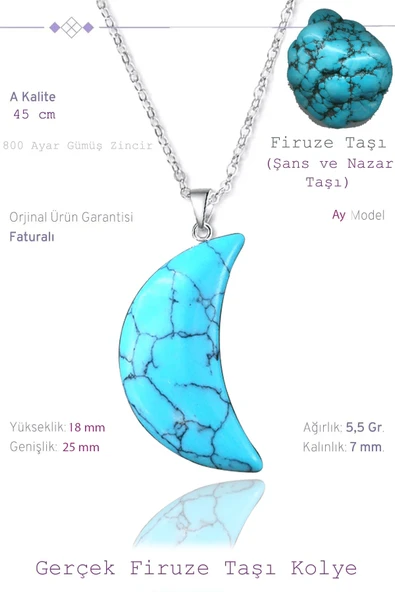 Sertifikalı Ay Model Gerçek Firuze (Turkuaz) Taşı Kolye - Resim 2