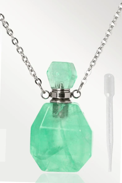 Sertifikalı Parfüm Şişe Tasarımlı Yeşil Florit Taşı Kolye - Gümüş Aparat