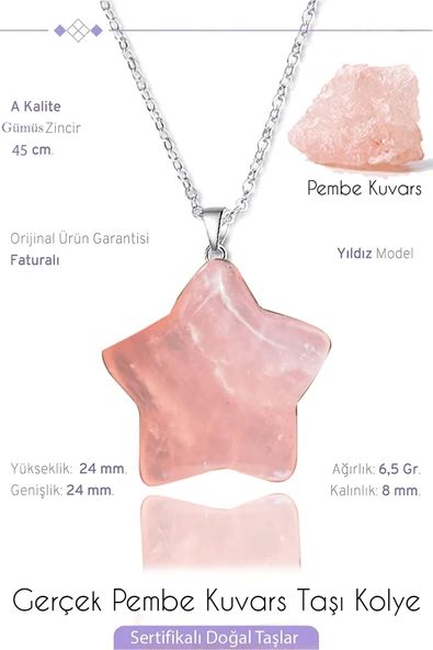 Sertifikalı Gerçek Yıldız Model Pembe Kuvars Taşı Kolye - Gümüş Aparatlı
