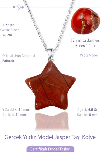 Sertifikalı Gerçek Yıldız Model Kırmızı Jasper Taşı Kolye - Gümüş Aparatlı