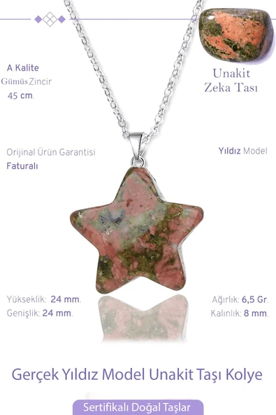 Sertifikalı Gerçek Yıldız Model Unakit Taşı Kolye - Gümüş Aparatlı - Resim 2