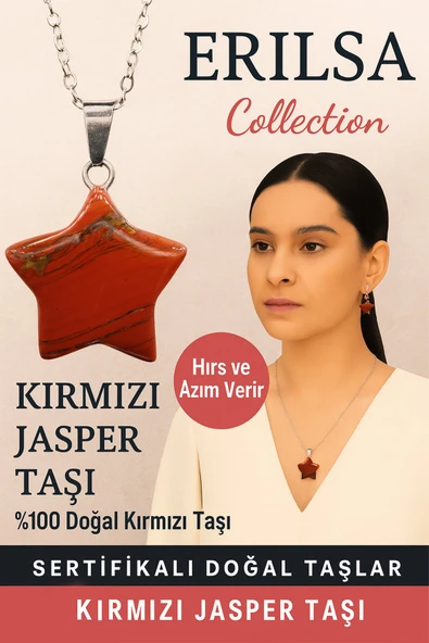 Sertifikalı Yıldız Model Kırmızı Jasper Taşı Kolye - Hırs ve Azim Veren Doğal Taş - Resim 3