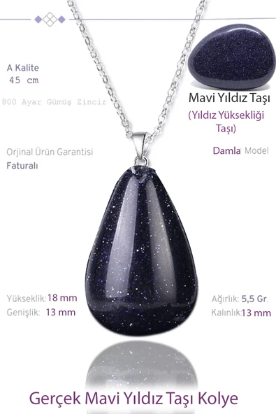 Sertifikalı Damla Model Gerçek Mavi Yıldız Taşı Kolye ürün görseli