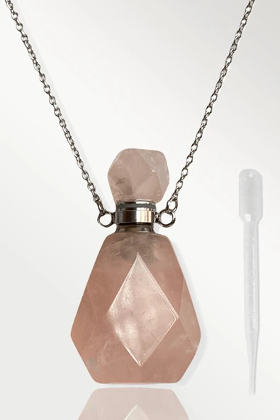 Sertifikalı Parfüm Şişe Tasarımlı Pembe Kuvars Taşı Kolye - Gümüş Aparat