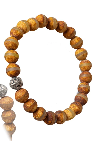 Sertifikalı Kahverengi Çizgili Tibet Akik Taşı Bileklik - Gümüş Aparatlı - Resim 2