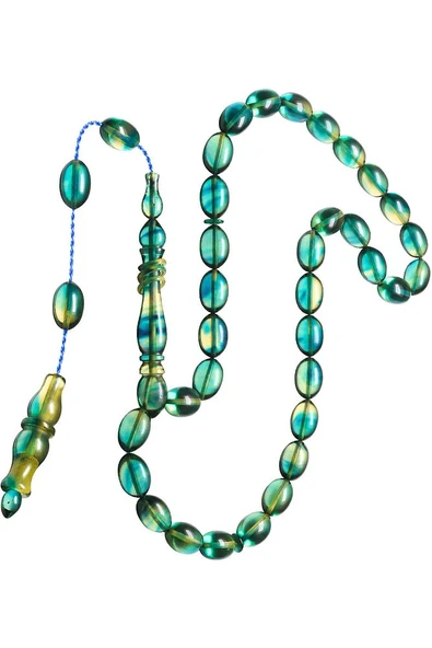 Sistemli Beyzi Kesim Turkuaz Şeffaf Renkli Usta Işcilikli Ateş Kehribar Tesbih - Resim 6