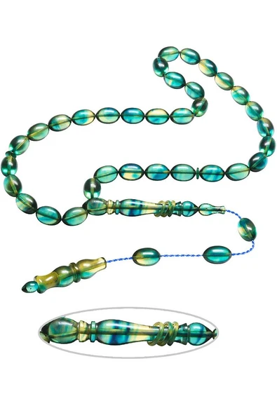 Sistemli Beyzi Kesim Turkuaz Şeffaf Renkli Usta Işcilikli Ateş Kehribar Tesbih - Resim 3