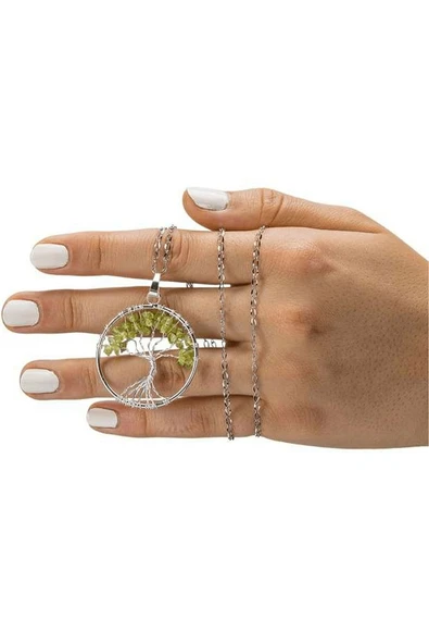 Hayat Ağacı Zebercet Peridot Taşı Doğal Taş Kolye - 5