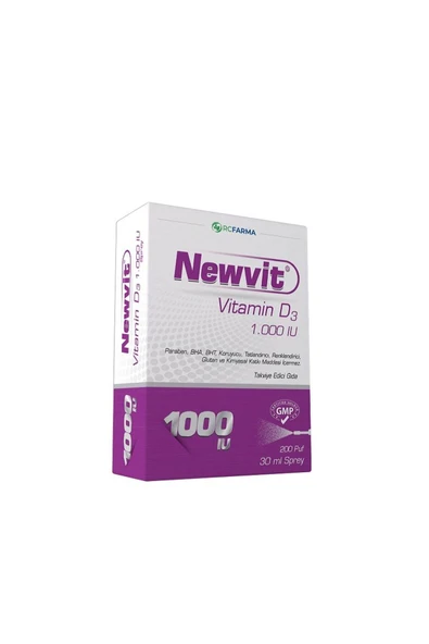 NEWVİT VİTAMİN D3 SPREY TAKVİYE EDİCİ GIDA 1000 İÜ/PÜSKÜRTME 200 DOZ ŞİŞE