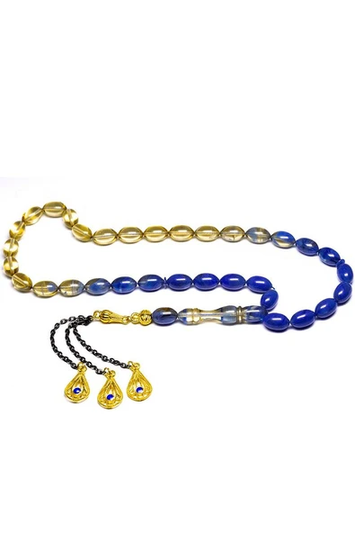 Mavi Şeffaf Renk Hüzmesi Altın Kaplama Püsküllü Ateş Kehribar Tesbih - Resim 3