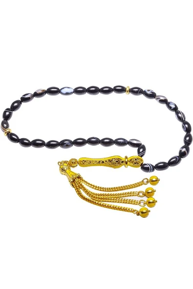 Sertifikalı Gerçek Telkari Püskül Siyah Doğal Akik Taşı Tesbih - Resim 4