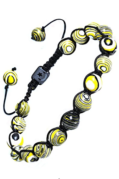 Sertifikalı Makrome Sarı Doğal Malahit Malakit Taşı Bileklik - Resim 2