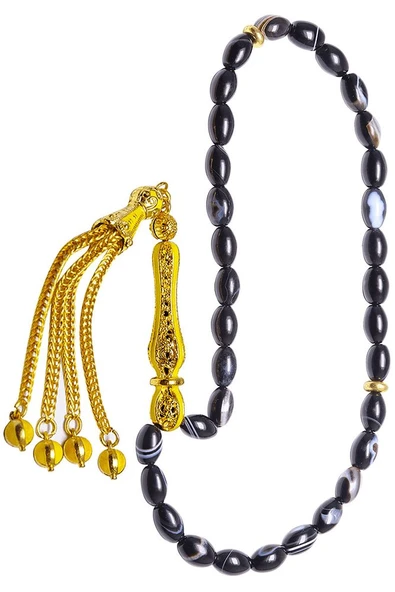 Sertifikalı Gerçek Telkari Püskül Siyah Doğal Akik Taşı Tesbih - Resim 5