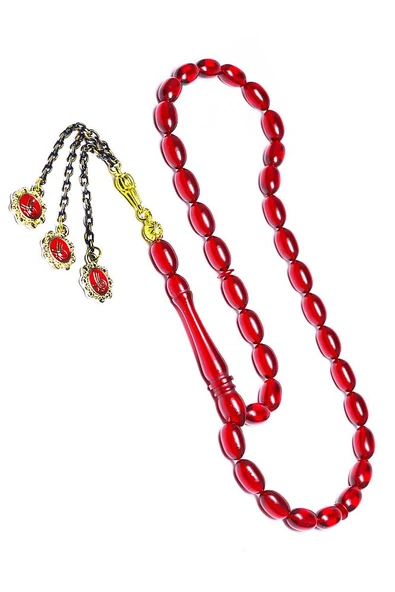 Kırmızı Renkli Altın Kaplama Püsküllü Ateş Kehribar Tesbih - Resim 3