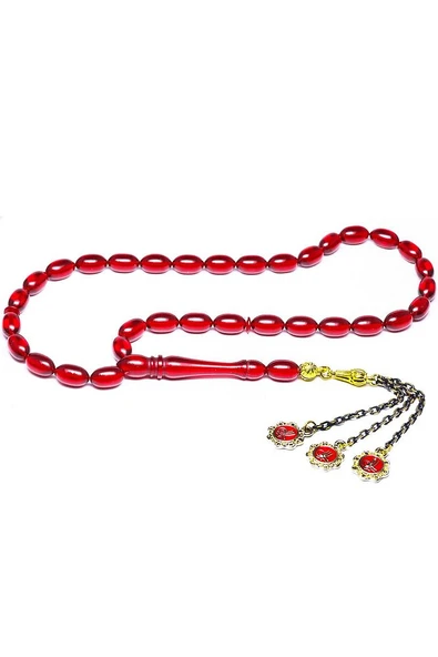 Kırmızı Renkli Altın Kaplama Püsküllü Ateş Kehribar Tesbih - Resim 4