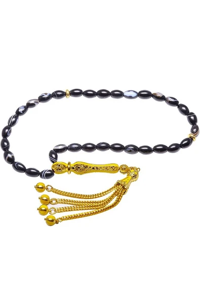 Sertifikalı Gerçek Telkari Püskül Siyah Doğal Akik Taşı Tesbih - Resim 3