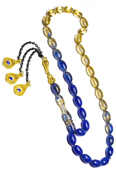 Mavi Şeffaf Renk Hüzmesi Altın Kaplama Püsküllü Ateş Kehribar Tesbih - Resim 4