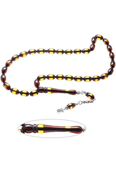 Sertifikalı Beyzi Kesim Sarı Siyah Sürmeli Toz Kehribar Tesbih - Resim 2