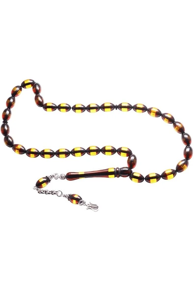 Sertifikalı Beyzi Kesim Sarı Siyah Sürmeli Toz Kehribar Tesbih - Resim 4