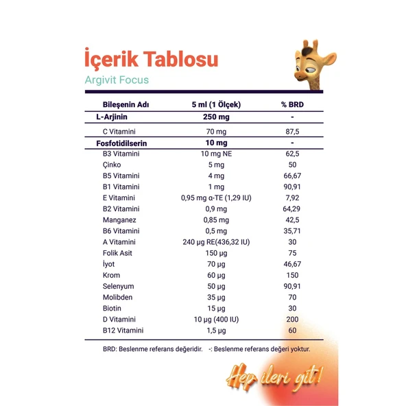 ARGİVİT FOCUS SIVI, FOSFOTİDİLSERİN, L-ARJİNİN, MULTİVİTAMİN VE MULTİMİNERAL İÇEREN TAKVİYE EDİCİ GIDA 150ml şişe - Resim 5
