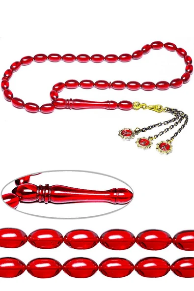 Kırmızı Renkli Altın Kaplama Püsküllü Ateş Kehribar Tesbih - Resim 2