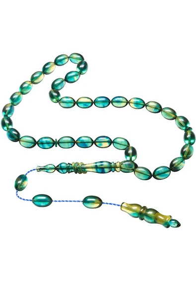 Sistemli Beyzi Kesim Turkuaz Şeffaf Renkli Usta Işcilikli Ateş Kehribar Tesbih - Resim 5