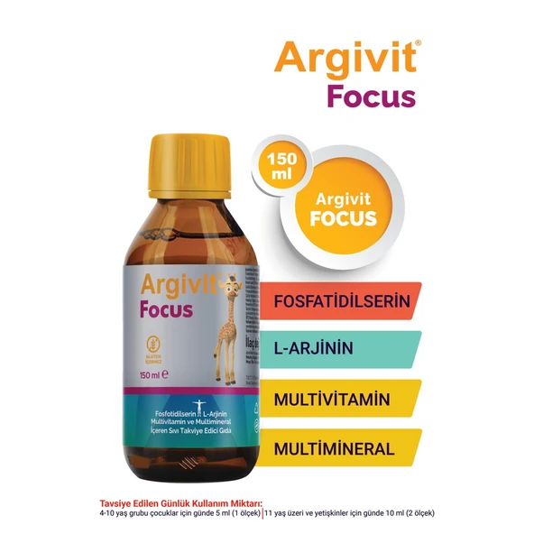ARGİVİT FOCUS SIVI, FOSFOTİDİLSERİN, L-ARJİNİN, MULTİVİTAMİN VE MULTİMİNERAL İÇEREN TAKVİYE EDİCİ GIDA 150ml şişe ürün görseli