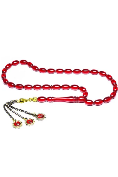 Kırmızı Renkli Altın Kaplama Püsküllü Ateş Kehribar Tesbih - Resim 5