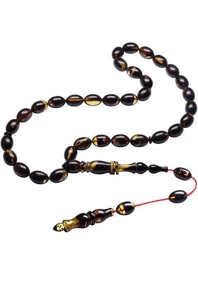 Sistemli Beyzi Kesim Halkalı Siyah Renk Sıkma Kehribar Tesbih - Resim 3