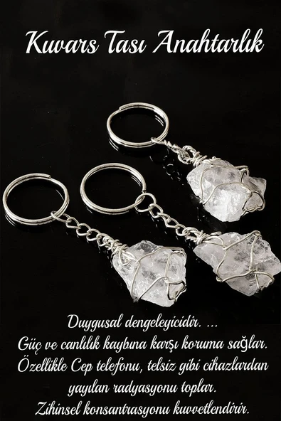 Sertifikalı Tel Sargılı Ham Işlenmemiş Kristal Kuvars Taşı Anahtarlık - Resim 2