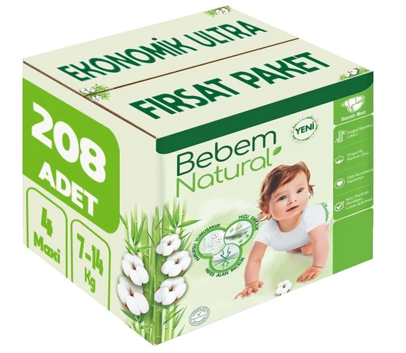 Bebem Bebek Bezi Natural Beden:4 (7-14KG) Maxi 208 Adet Ekonomik Ultra Fırsat Pk ürün görseli