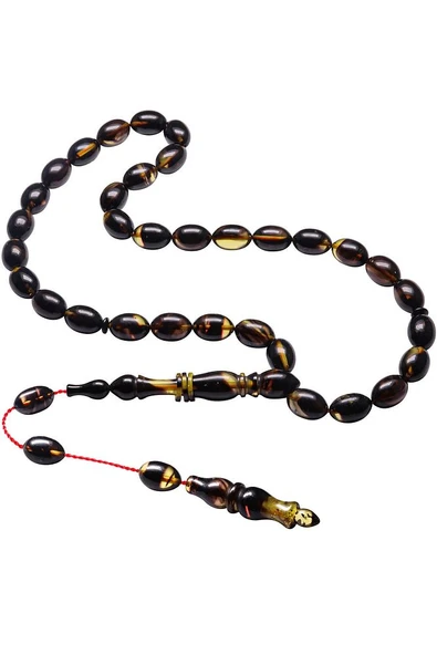 Sistemli Beyzi Kesim Halkalı Siyah Renk Sıkma Kehribar Tesbih - Resim 4