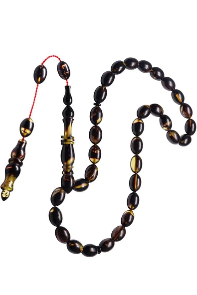 Sistemli Beyzi Kesim Halkalı Siyah Renk Sıkma Kehribar Tesbih - Resim 5