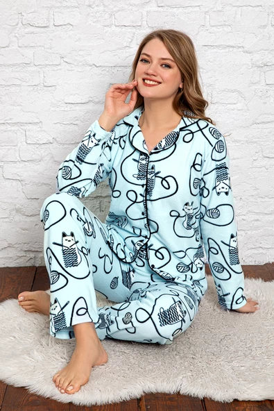 Nisanca Kadın Kışlık Welsoft Peluş Polar  Düğmeli Pijama Takımı - 8