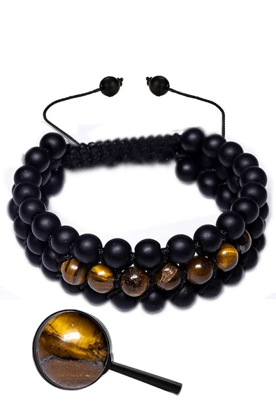 Sertifikalı Üçlü Makrome Kaplan Gözü - Oniks Taşı Bileklik - 6mm ürün görseli