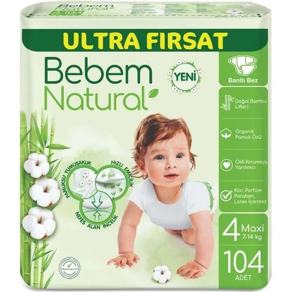 Bebem Bebek Bezi Natural Beden:4 (7-14KG) Maxi 104 Adet Ultra Fırsat Pk ürün görseli