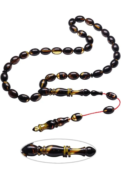 Sistemli Beyzi Kesim Halkalı Siyah Renk Sıkma Kehribar Tesbih - Resim 2