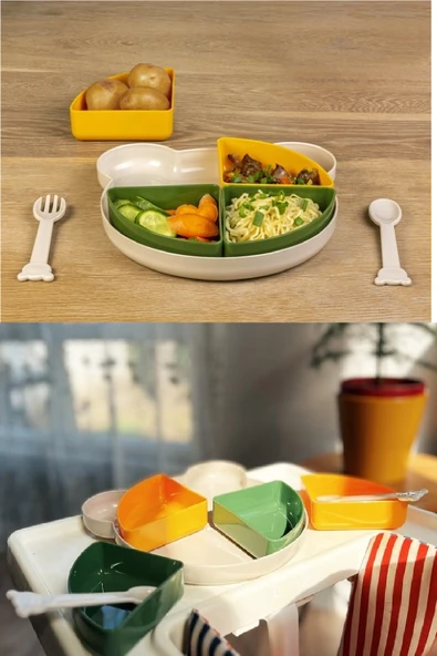 Tabldot Mama Tabağı Çıkarılabilir Kaseli -Tepsili 4 Bölmeli Çatal Kaşıklı Ayıcık Beslenme Kabı - 2